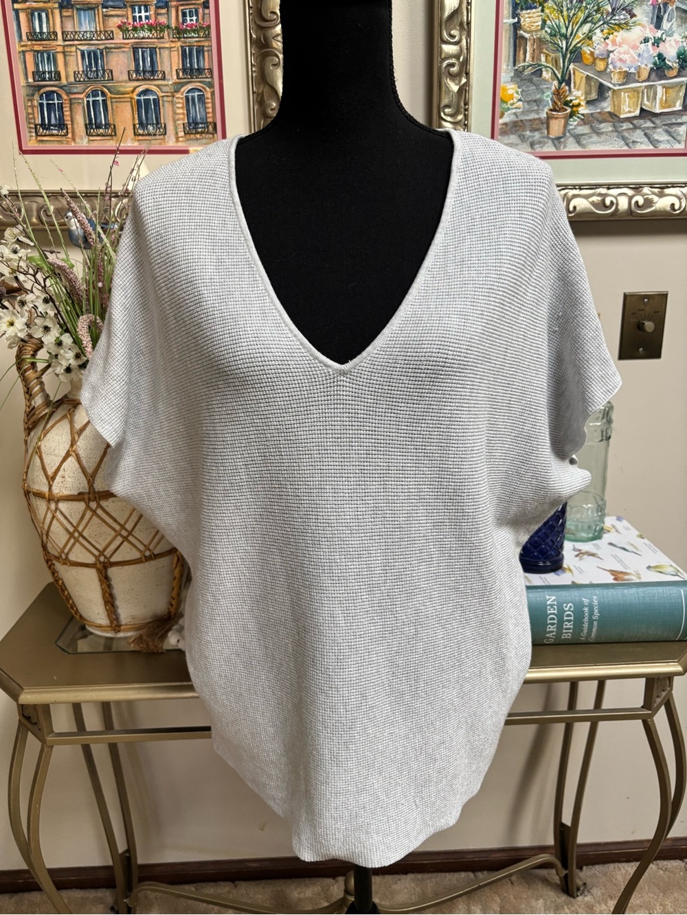 Cyrus Light Gray Fine Gauge Ribbed Knit V-Neck Dolman Sleeve Sweater Size Large
